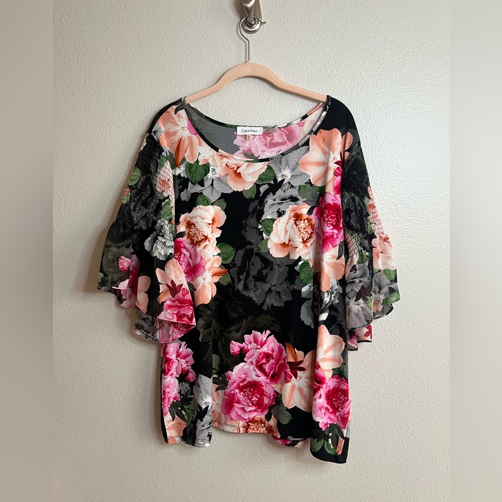 Calvin Klein Black Floral Flutter Sleeve Blouse